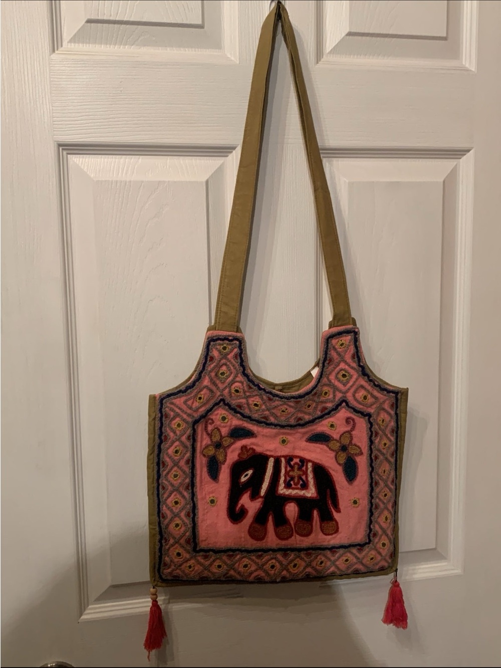 Handcrafted Pink Elephant Embroidered Tote Bag